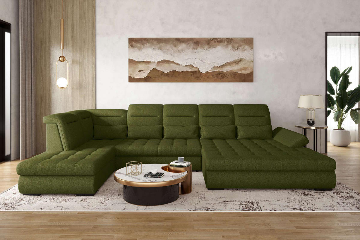 WOHNLANDSCHAFT Toscana Strukturstoff inkl. Schlaffunktion - Grün, Textil (358/87/208cm) - 99rooms