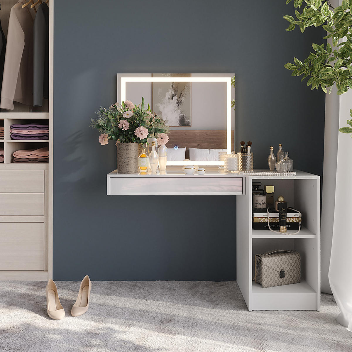 SCHMINKTISCH Sherry Weiß/Weiß Hochglanz 120 cm 3 Teile - Weiß Hochglanz, Holzwerkstoff (120/76/50.1cm) - Vicco