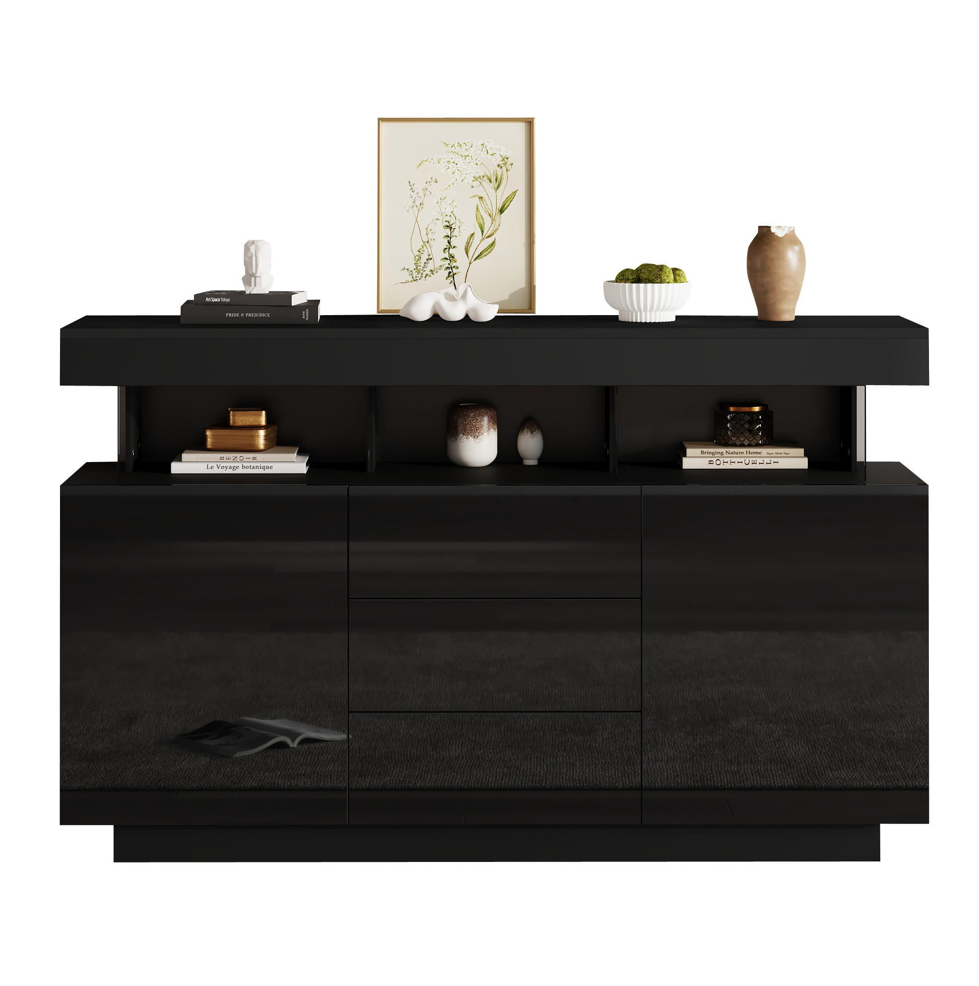 SIDEBOARD 140/35/80 cm schwarz aus Spanplatte mit LED-Beleuchtung - Schwarz, Holzwerkstoff (35/80/140cm) - OKWISH