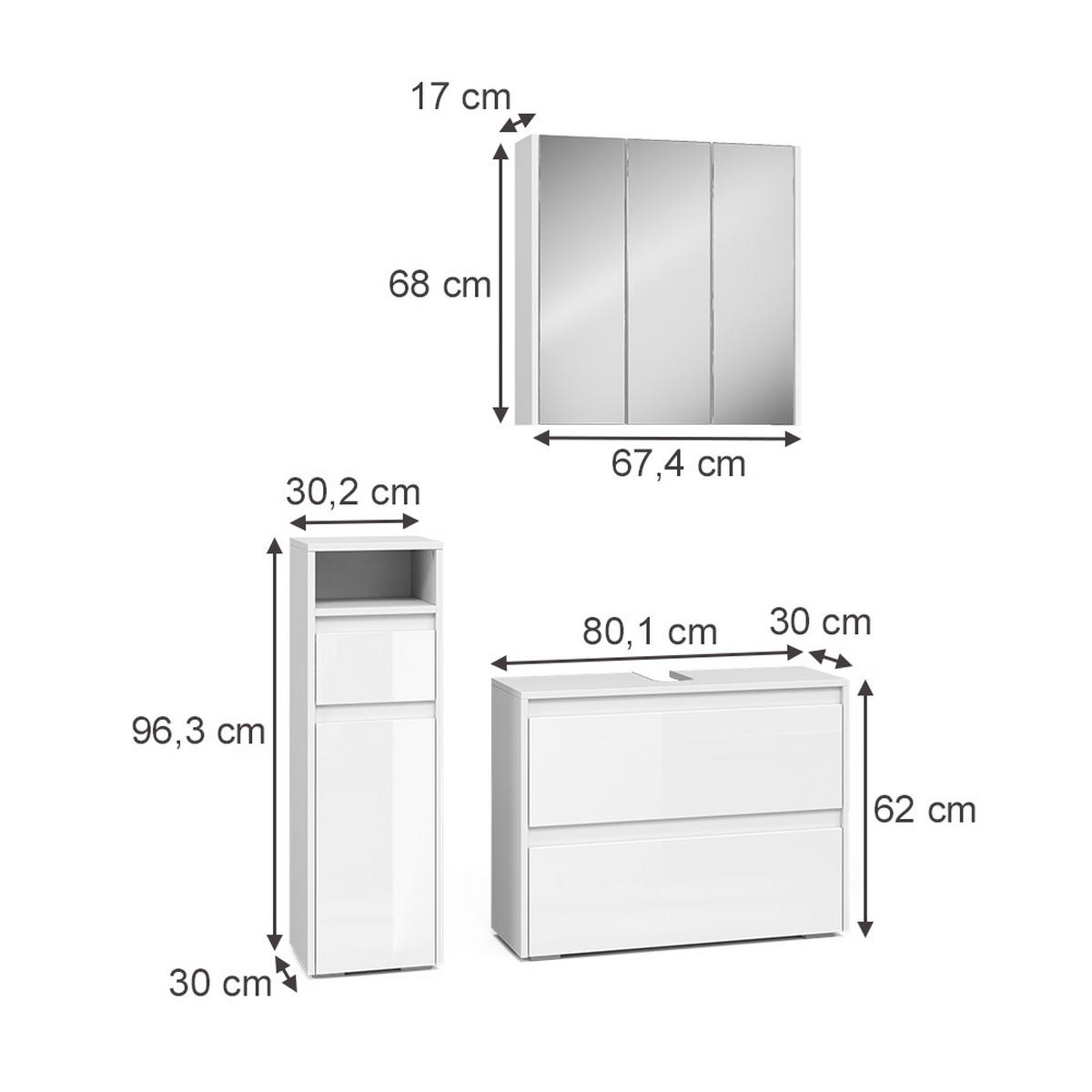 BADMÖBEL-SET Majest Weiß/Weiß Hochglanz 3 Teile - Weiß Hochglanz, Holzwerkstoff (30.2/96.3/30cm) - Vicco