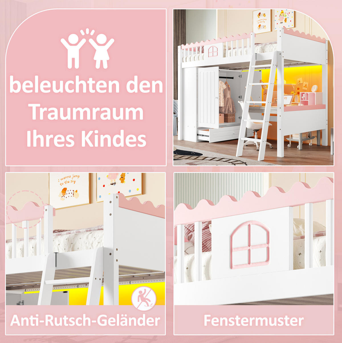HOCHBETT 90/200 cm Weiß mit LED-Leuchten und Kleiderschrank mit Matratze - Weiß, Holzwerkstoff (90/200cm) - OKWISH