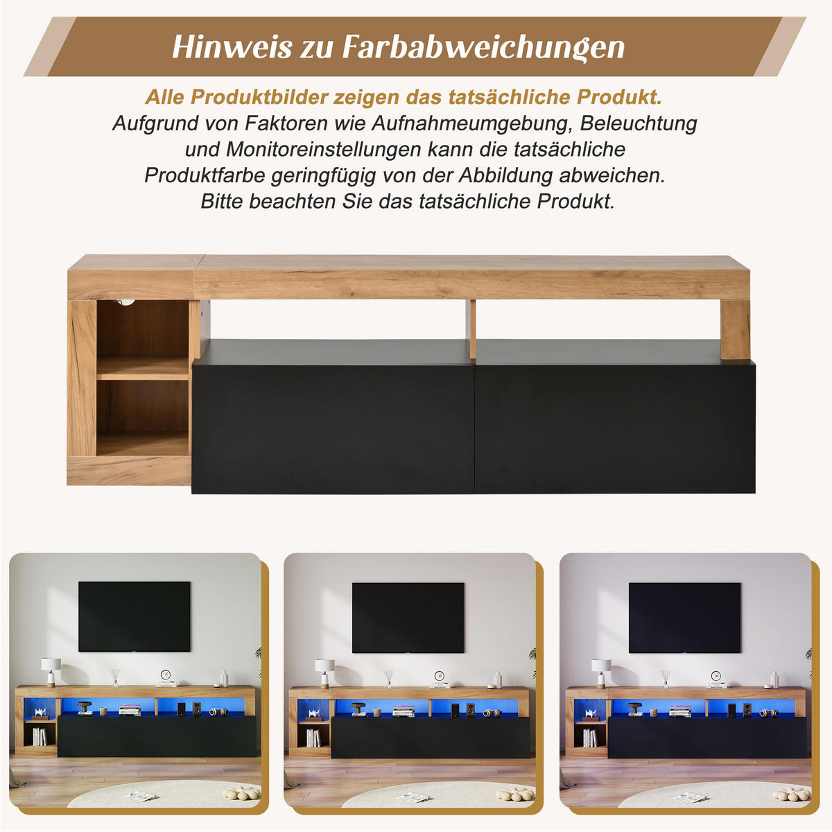 TV-SCHRANK 80 Zoll LED Stauraum Holz Schwarz Lowboard - Schwarz, Holzwerkstoff (184/58/42cm) - FLIEKS
