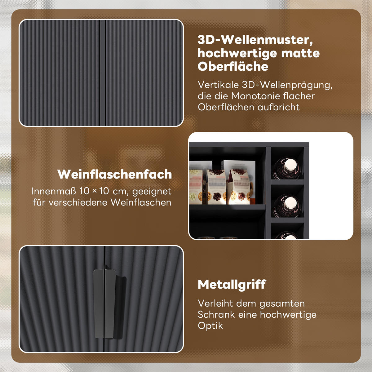 BUFFET 105/40/180 cm Schwarz mit 3 Schubladen, Weinregal und farbwechselnder LED-Beleuchtung - Schwarz, Holz (105/180/40cm) - Oxeza