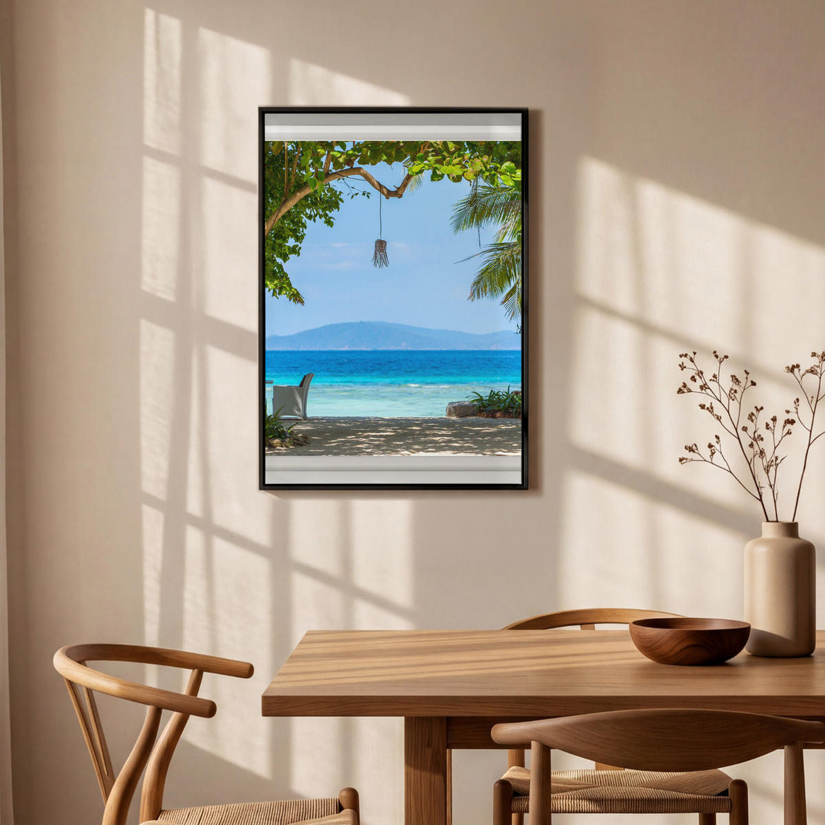 LEINWAND Bilder mit Rahmen - Aussicht - Baum - Meer - Palme - Hügel - Strand - Blau - 60x90 - Blau, Textil (60/90cm) - MuchoWow