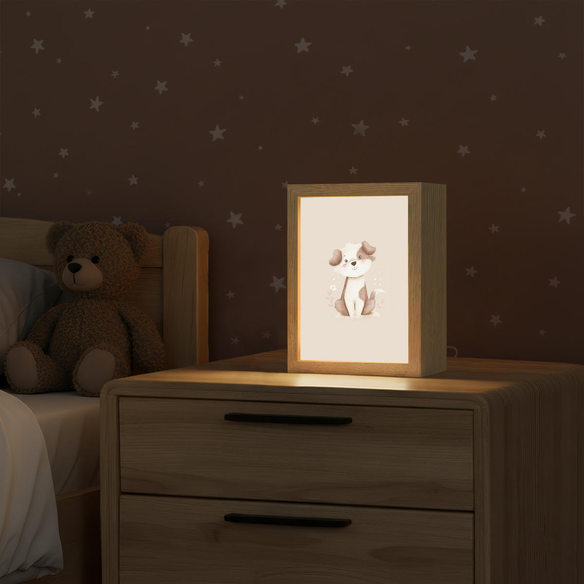 NÁSTĚNNÁ LAMPA Pes - skvrnitý - hnědý 15x20 cm - béžová, kompozitní dřevo (15/20/8cm) - OnlyWow
