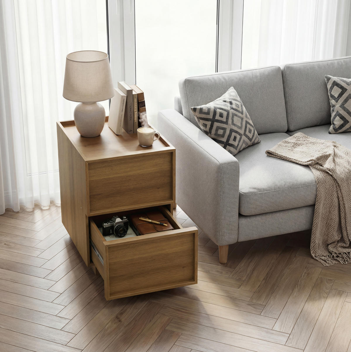 NACHTTISCH 38/48/50 cm eichefarben aus MDF mit 2 Schubladen - Braun, Holzwerkstoff (45/54/38cm) - OKWISH