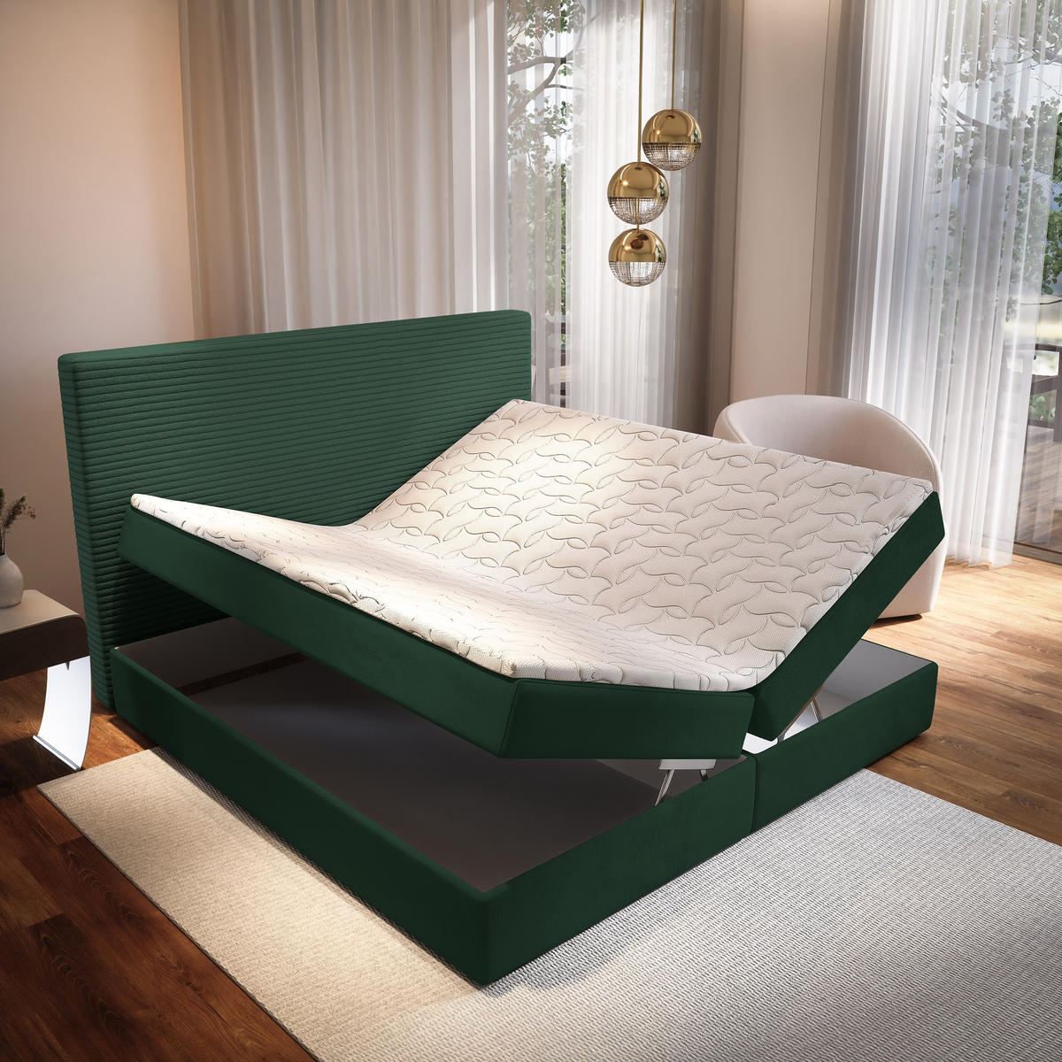 BOXBETT GIARRO 140x200 cm mit Matratze und Topper - Grün - Grün, Holz (140/200cm) - MASSENO