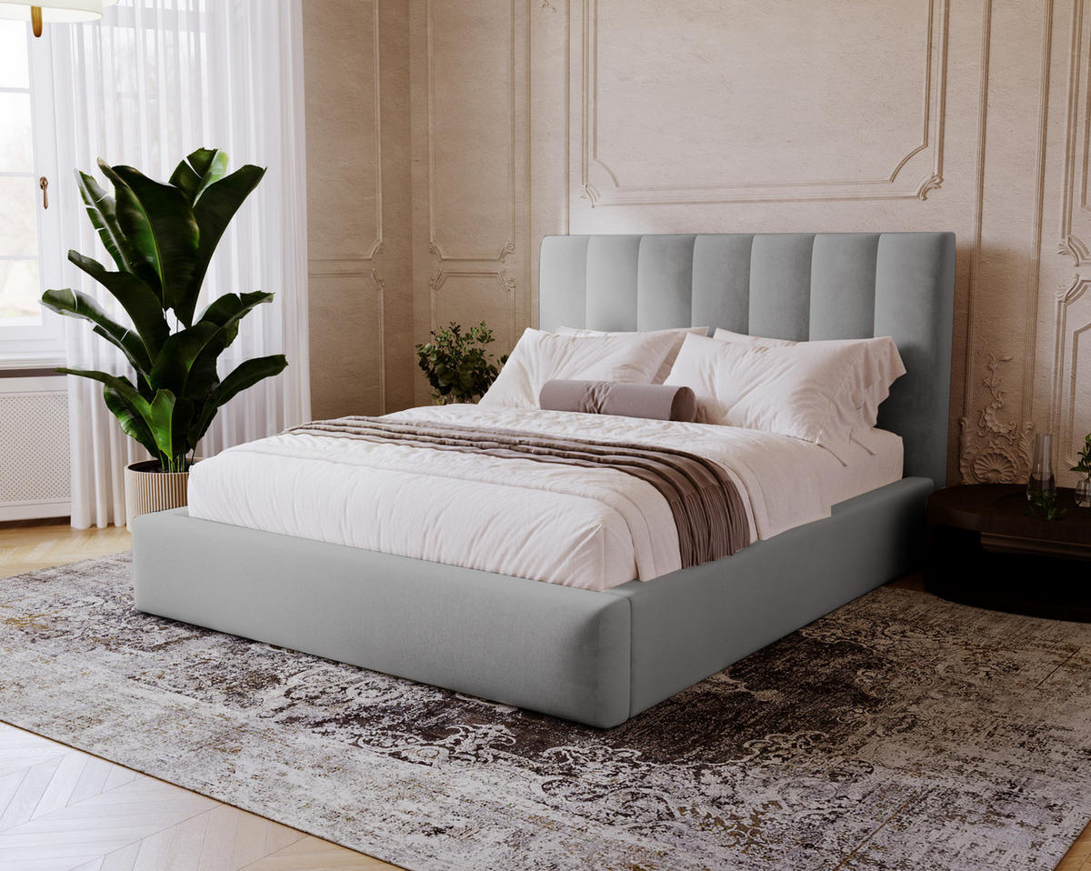 POLSTERBETT 140x200 cm Velor, Lattenrost, Bettkasten, Hellgrau - Grau, Holz/Textil (140/200cm) - Emporius