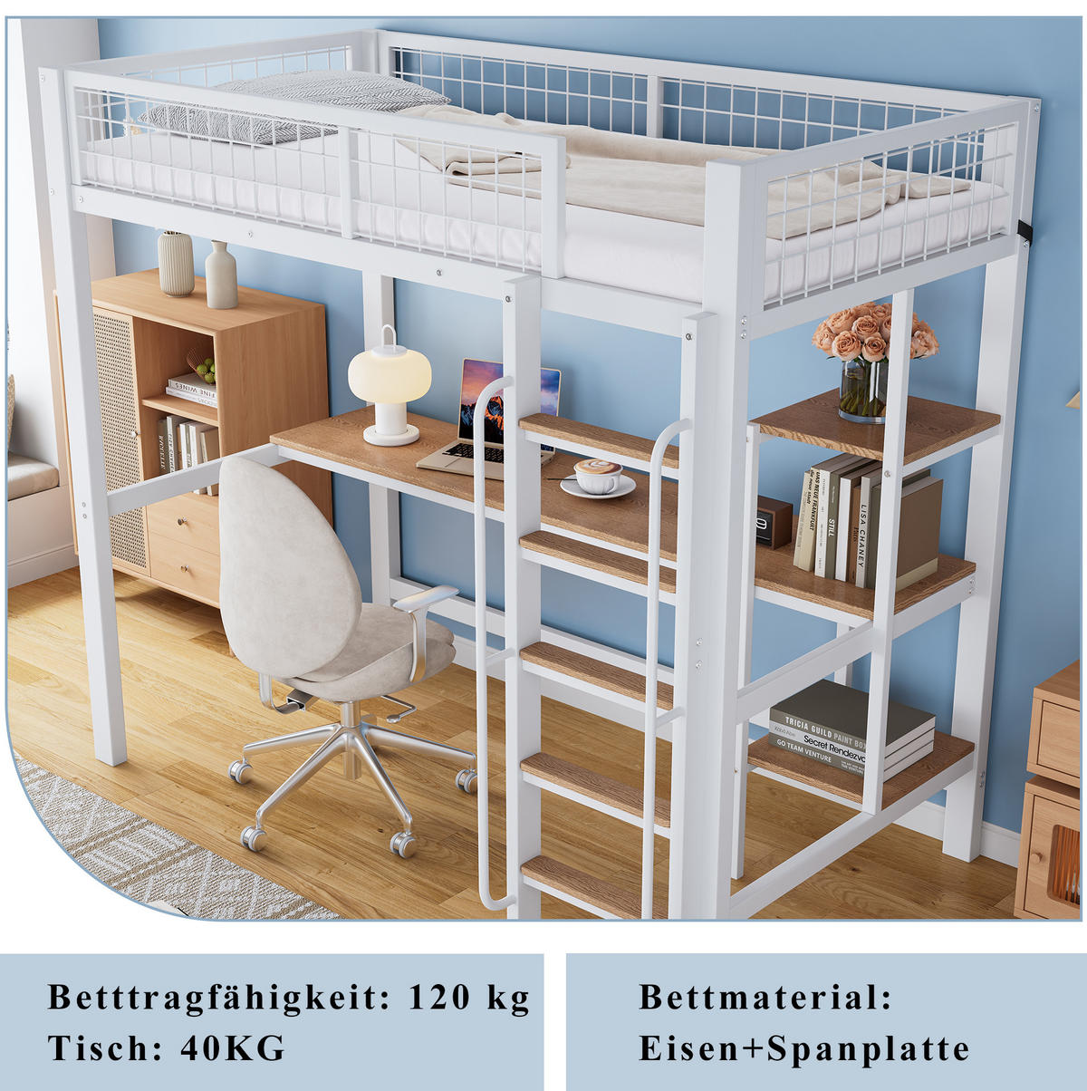 HOCHBETT 90/200 cm in Weiß/Natur mit Schreibtisch und Regalen - Weiß, Metall (90/200cm) - Flora Grace