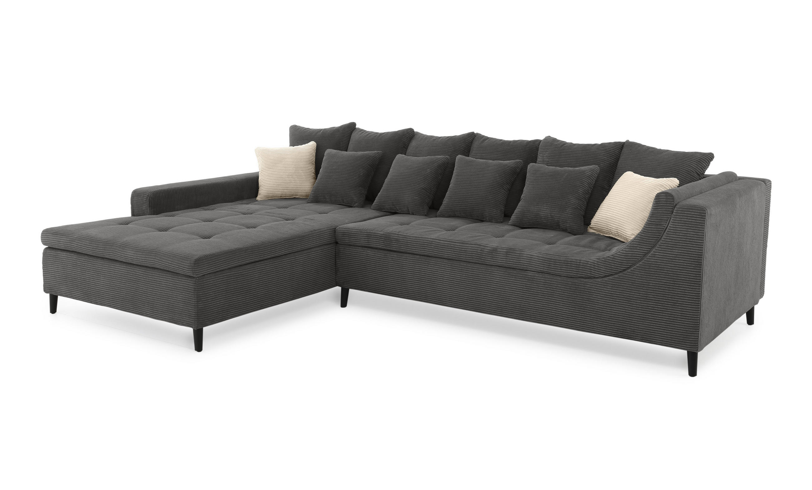 ECKSOFA mit dekorativen Steppungen und Rutschenlehne, seitenverkehrt montierbar B326/T213/H91 cm, Cord Grau Anthrazit / 15222 - Schieferfarben/Anthrazit, Textil/Metall (326/213cm) - luma-home