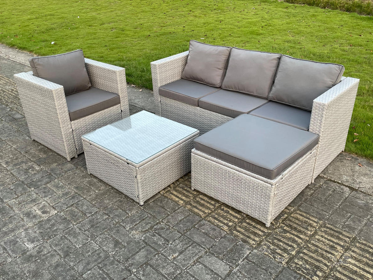 GARTENSOFA SET mit Couchtisch Polyrattan Helles Grau 5-Sitzer - Hellgrau, Metall - Fimous