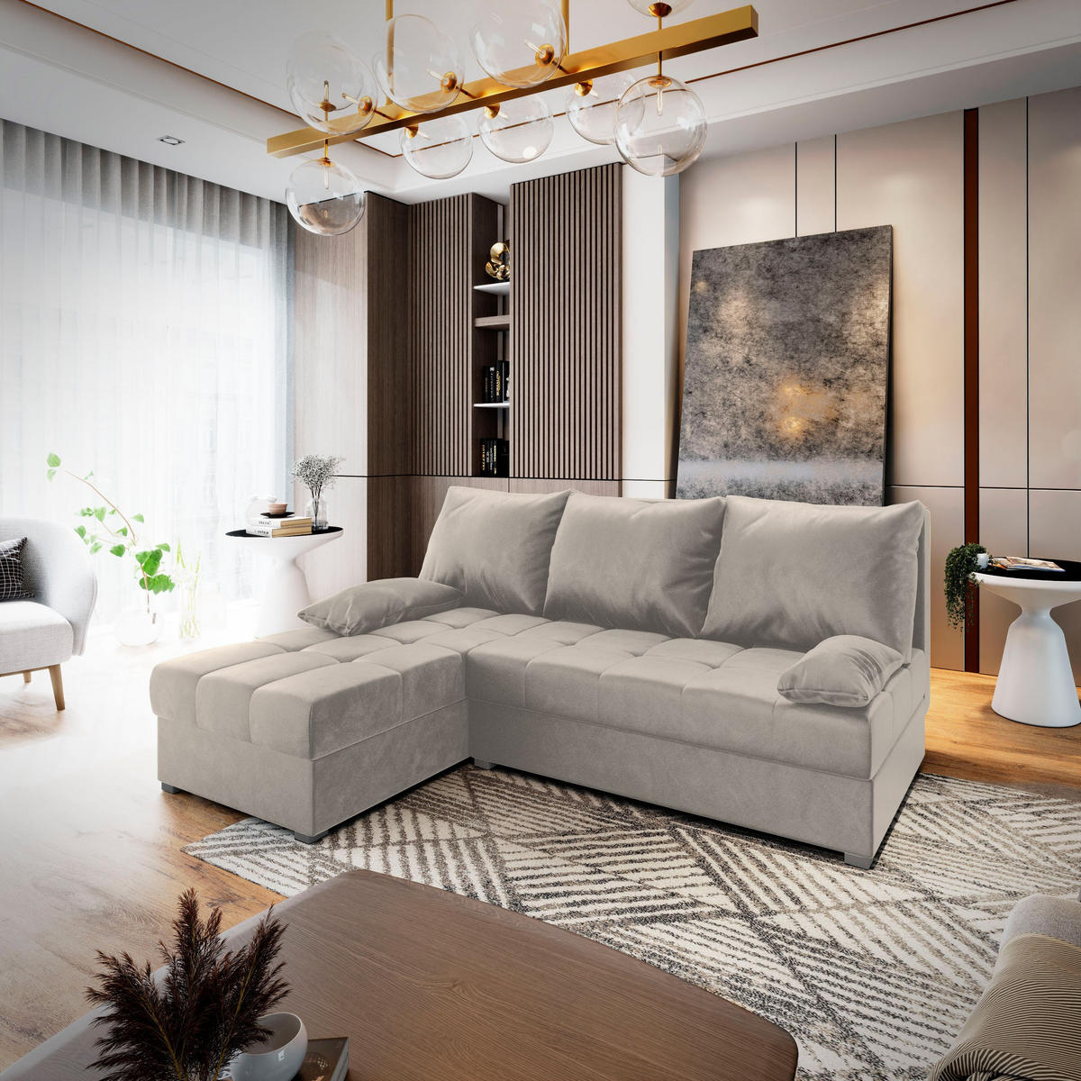 ECKSOFA RITA Beige Plüsch-Stoff mit Schlaffunktion - Beige, Holz (200/141cm) - MASSENO