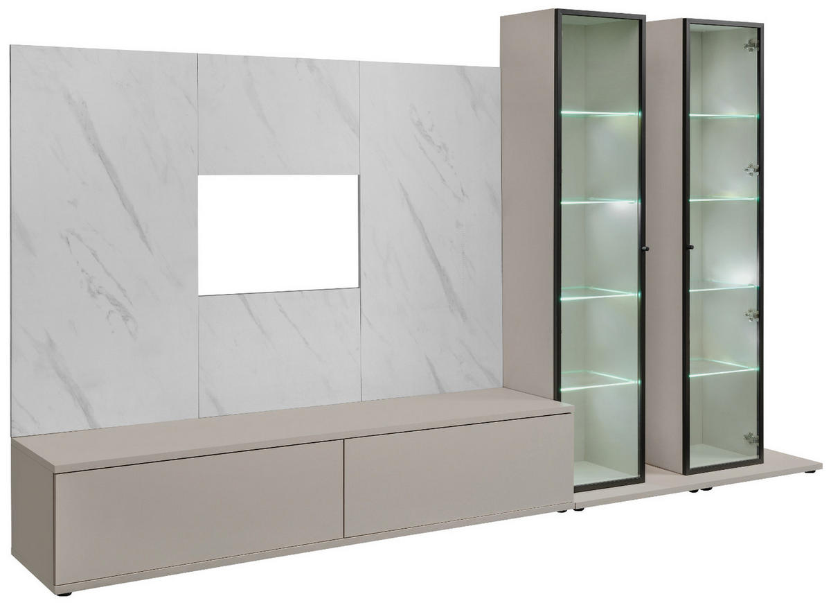 WOHNWAND kaschmir, Marmor weiß 300 cm, Anbauwand mit Wandpaneel, Beleuchtung, Push-to-Open - Kaschmir/Schwarz, Glas/Holzwerkstoff (300/175/45cm) - Inn.Furn