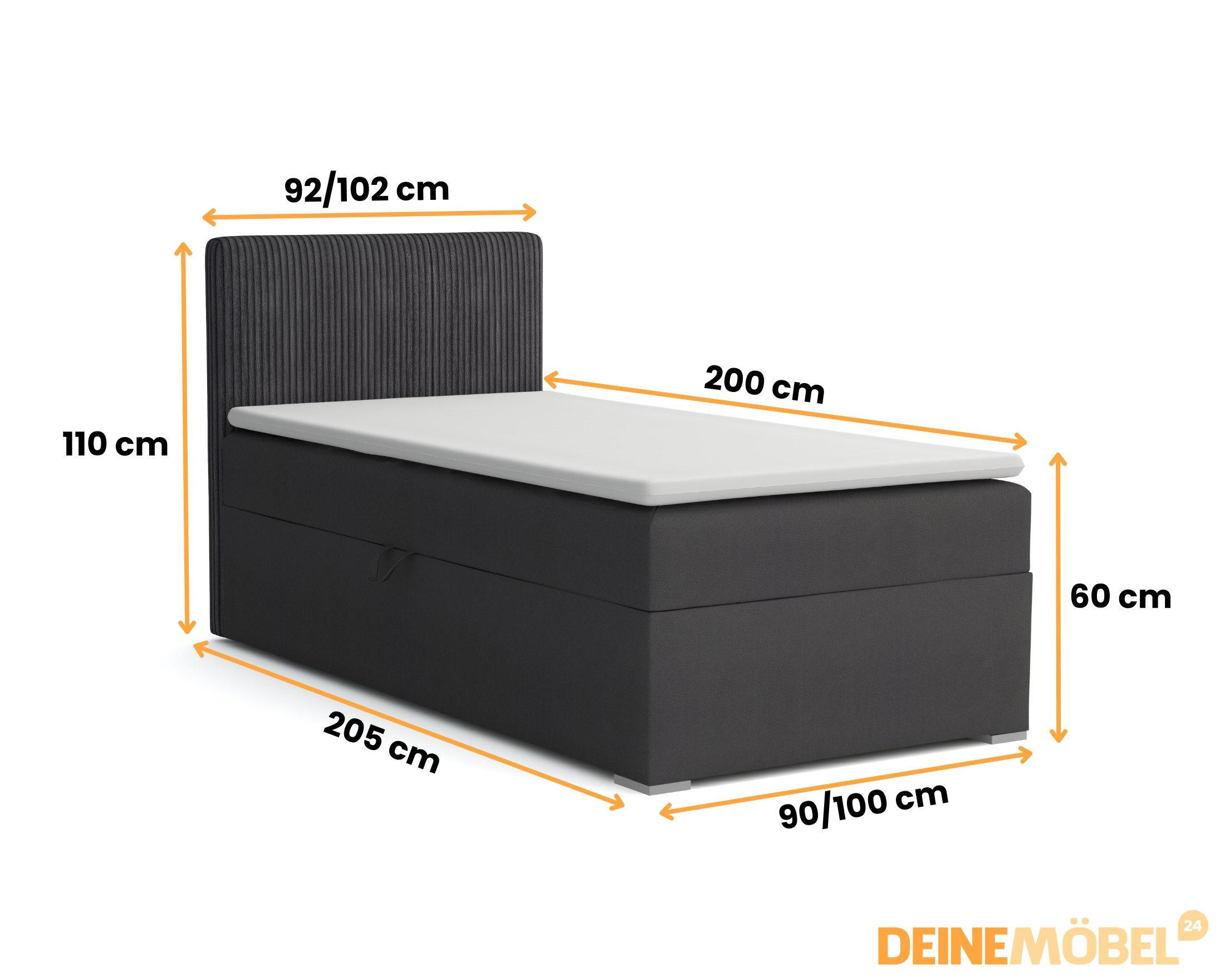 Thumbnail - Deine Möbel 24 Boxbett, Anthrazit, Holz, Holzwerkstoff, Textil, H3, 90x200 cm, Schlafzimmer, Betten, Boxspringbetten