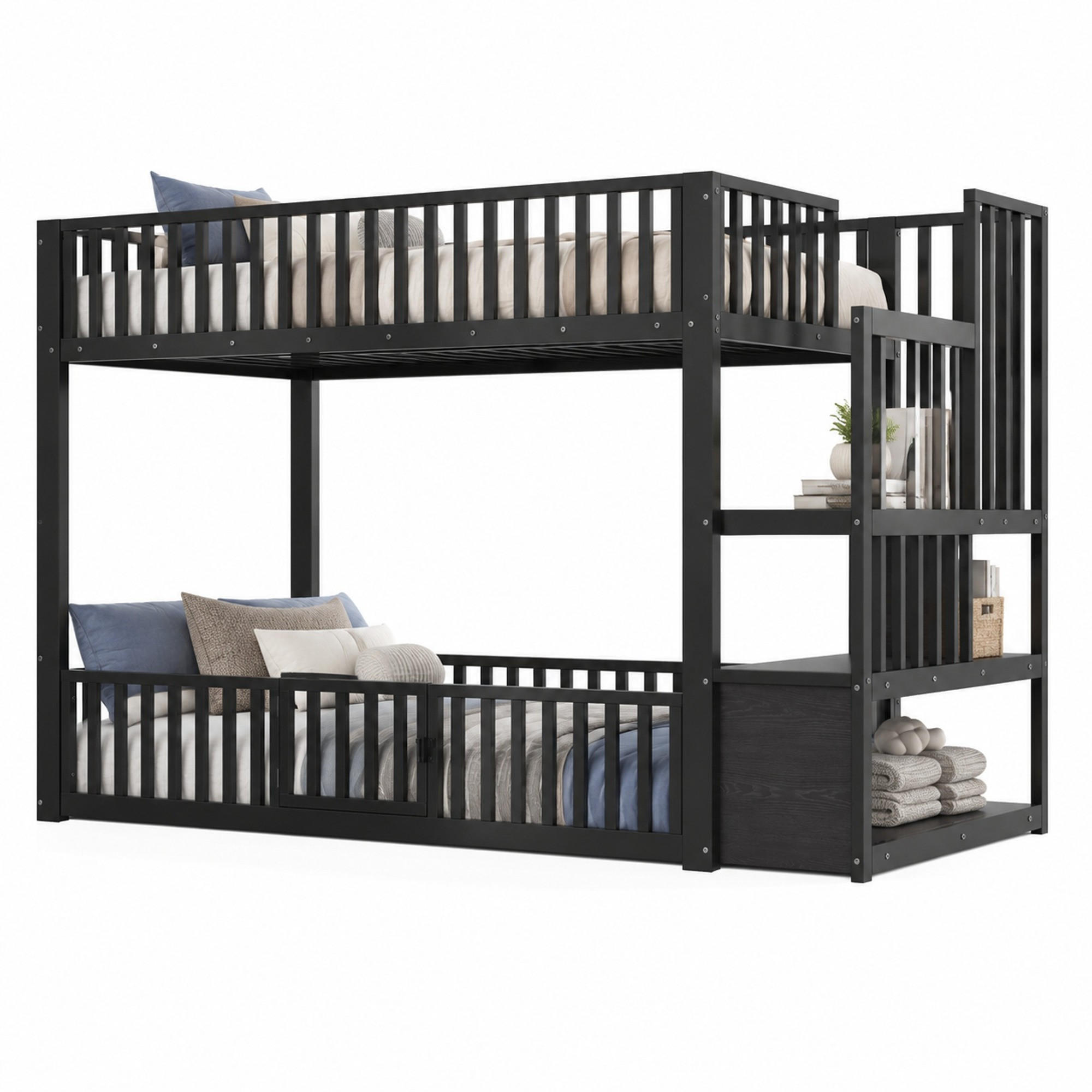 ETAGENBETT mit LED und Stauraumleiter 90x200 cm Schwarz - Schwarz, Metall (90/200cm) - Meubliv