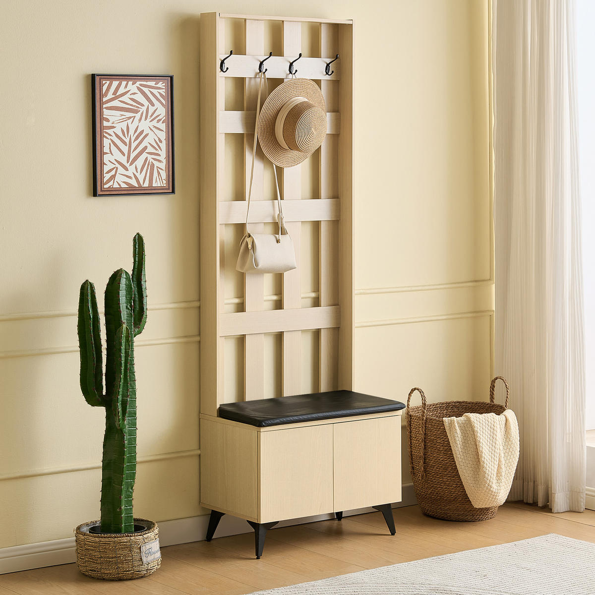 GARDEROBE Sitzbank Kleiderhaken 4 Haken Stahl Schwarz Flur Modern - Naturfarben, Holzwerkstoff (60/179.5/35cm) - FLIEKS