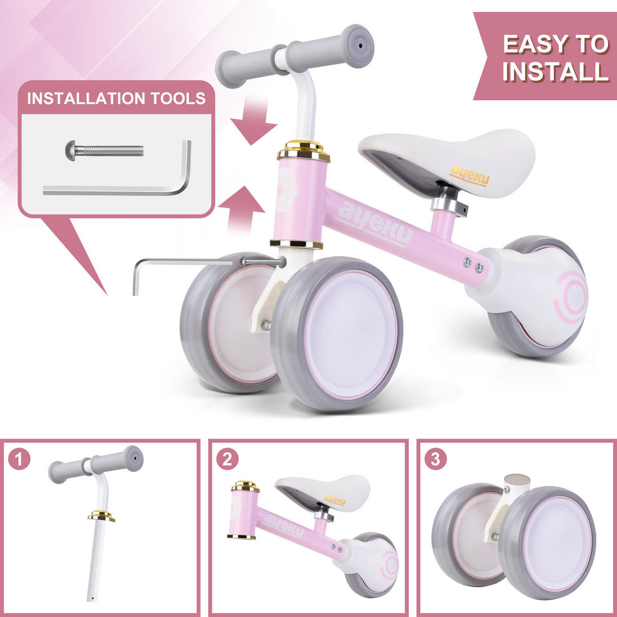 LAUFRAD KINDER mit verstellbarem Sitz und leisen Rädern, 36cm, Rosa - Rosa, Metall (51/22/36cm) - Ayeku