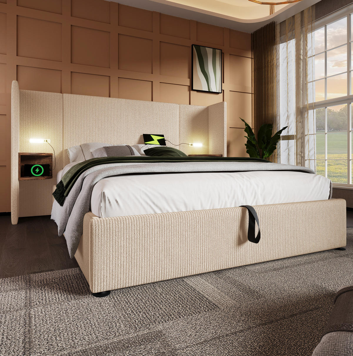 ČALÚNENÁ posteľ 180/200 cm béžovo-biela s úložným priestorom, USB, Type-C a lampou z manšestrovej látky - krémová, textil (180/200cm) - OKWISH