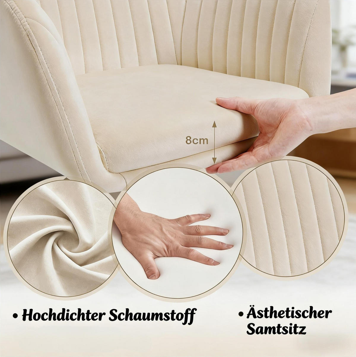 BÜROSTUHL in Cremeweiß 40x56x87 cm aus Samt, höhenverstellbar und drehbar - Creme, Metall (56/87/40cm) - IVMEU
