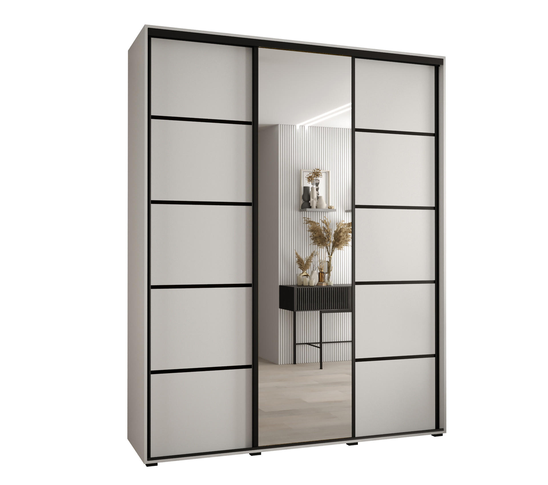 Abiks Möbel Schwebetürenschrank Weiß, Weiß, Schwarz 200x235x60 cm