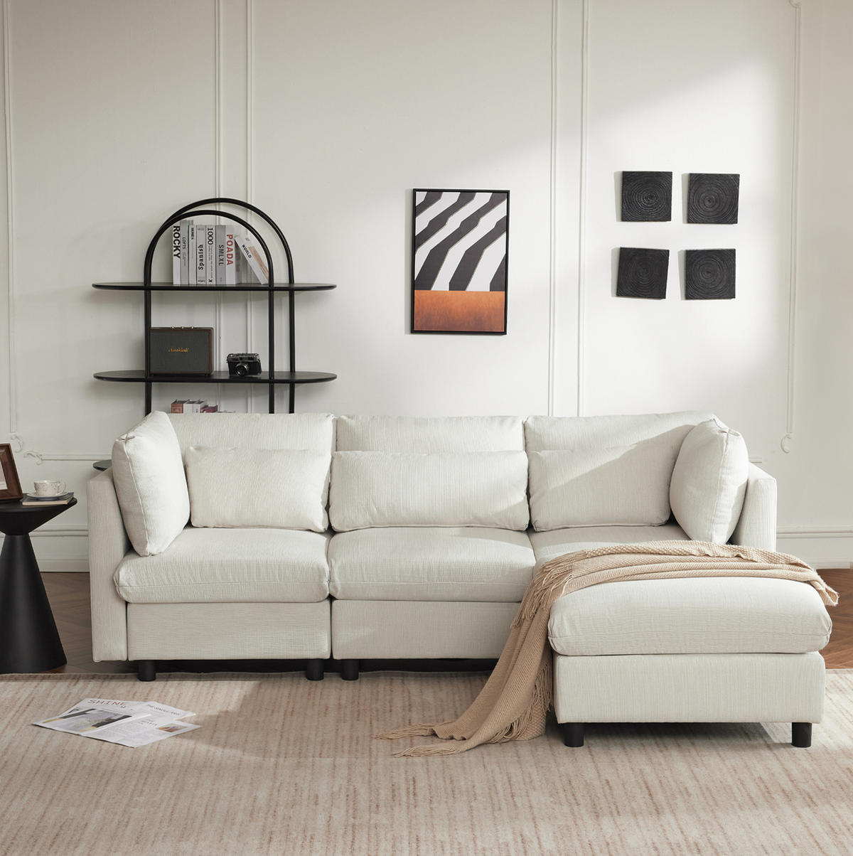 ECKSOFA 220/83/81 cm beige aus Leinen mit Fußhocker - Beige, Textil (83/220cm) - OKWISH