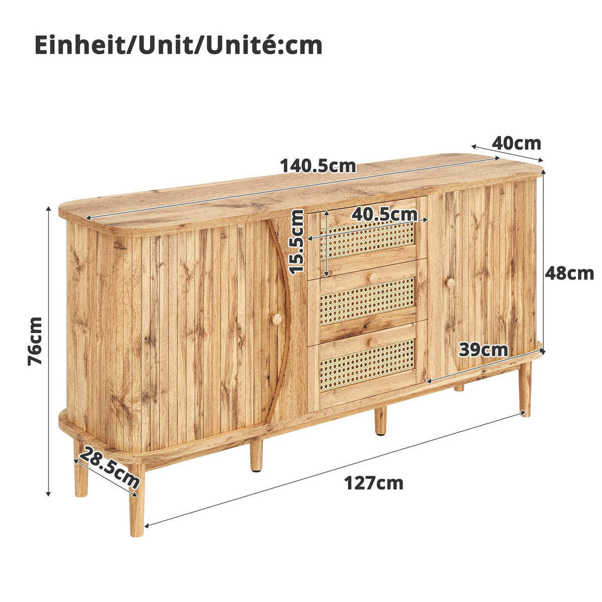 SIDEBOARD Rattan Schiebetüren verstellbare Böden modern - Naturfarben, Holzwerkstoff (40/76/140.5cm) - FLIEKS