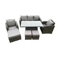 GARTENMÖBEL-SET HÖHENVERSTELLBARER ESSTISCH LOUNGE SOFA Polyrattan Outdoor 8-Sitzer - Dunkelgrau/Grau, Glas/Kunststoff - Fimous