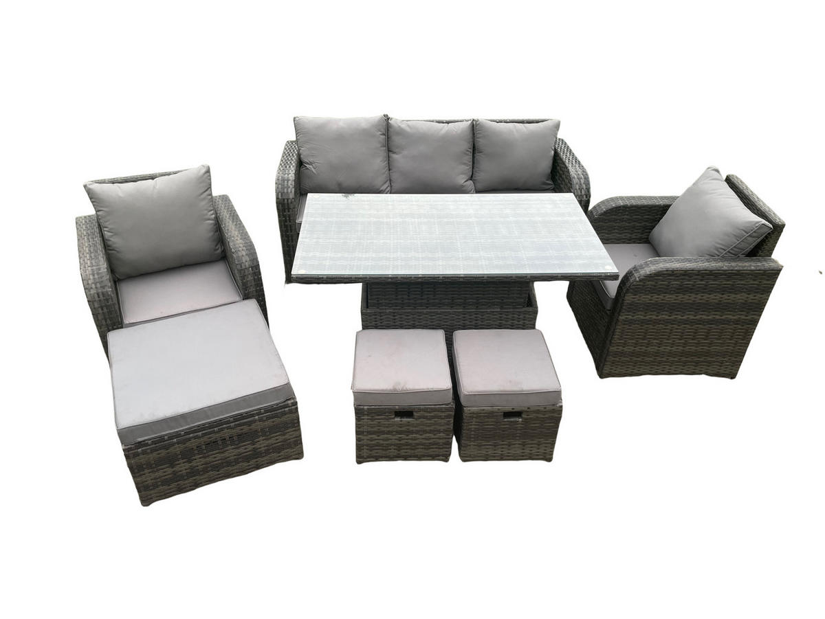 GARTENMÖBEL-SET HÖHENVERSTELLBARER ESSTISCH LOUNGE SOFA Polyrattan Outdoor 8-Sitzer - Dunkelgrau/Grau, Glas/Kunststoff - Fimous