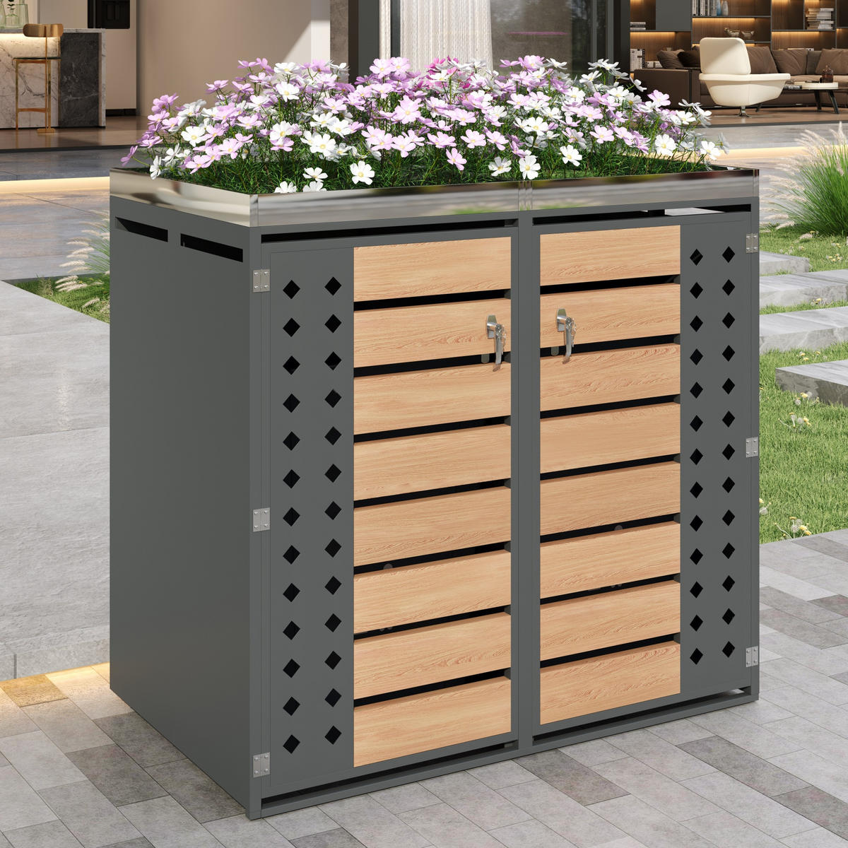 MÜLLTONNENBOX 2 Türen Holzoptik Pflanzfläche - Grau, Metall (132/124.58/80cm) - LEBENLANG