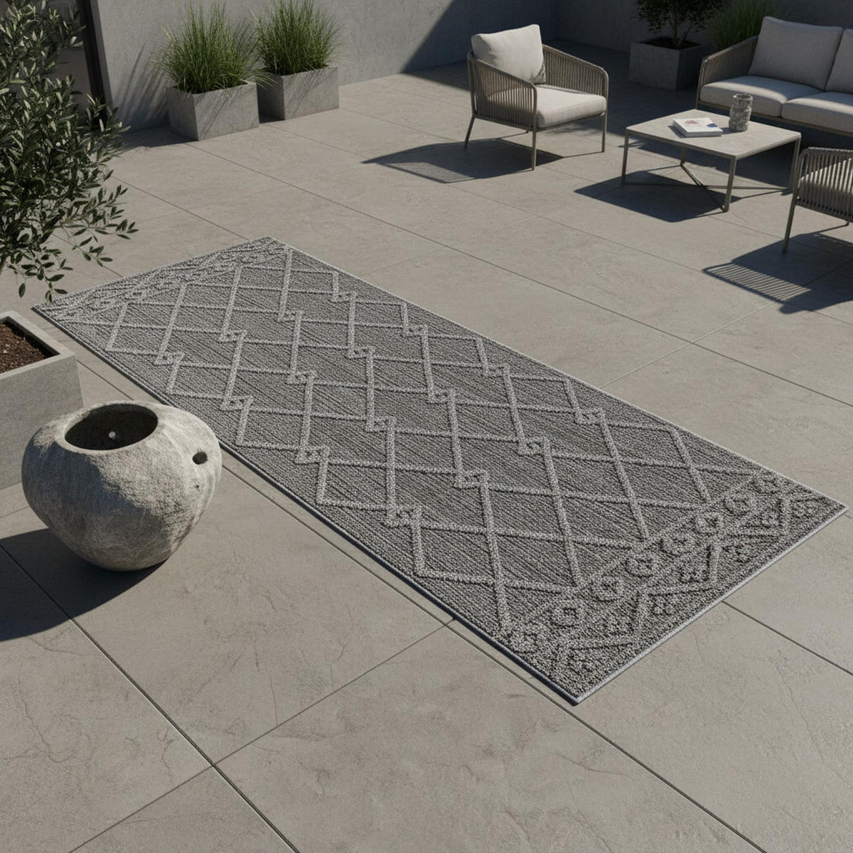 TEPPICH Outdoor Flachgewebe Berber-Muster Polypropylen Terrasse Grau Läufer 80x250 - Grau, Textil (80/250cm) - KADIMA DESIGN