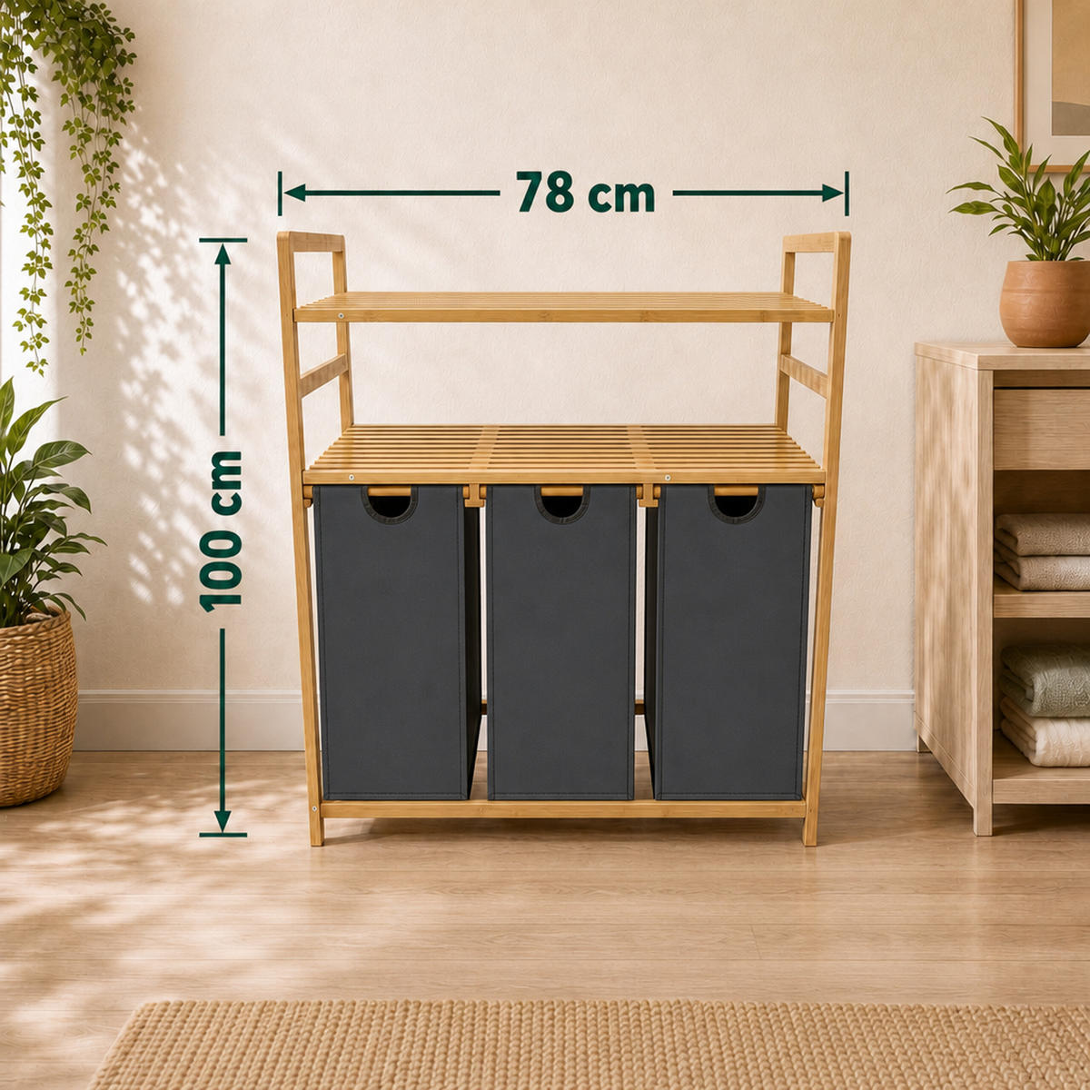 WÄSCHESAMMLER Natur Grau 3er-Set Bambus - Multicolor, Holz/Textil (78/100/41.5cm) - Relaxdays