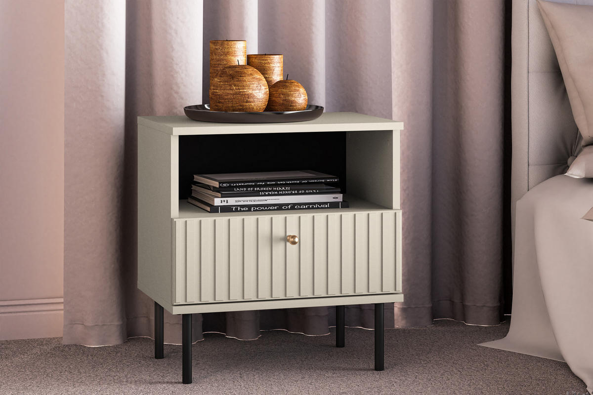 NACHTTISCH DROMA mit Goldelementen, Creme - Creme, Holz (50/53/34cm) - KONSIMO®