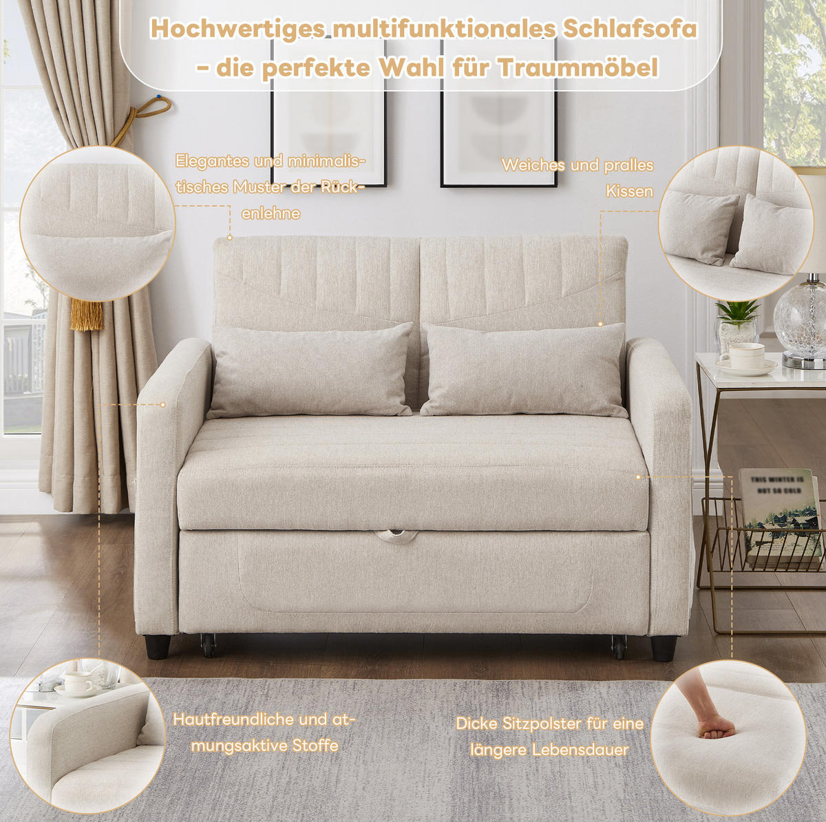 SOFABETT Baumwoll-Leinen mit Ausziehfunktion und verstellbarer Rückenlehne Beige 114/77/82,5 cm - Beige, Textil (77/82.5/114cm) - Redom