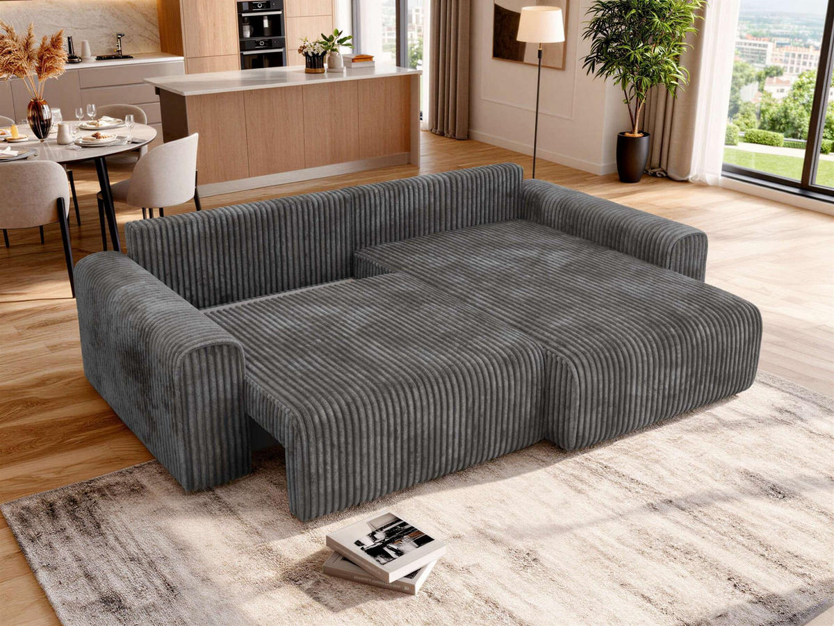 ECKSOFA ELARA L Grau Cord - Schwarz/Grau, Kunststoff/Textil (278/192cm) - MKS