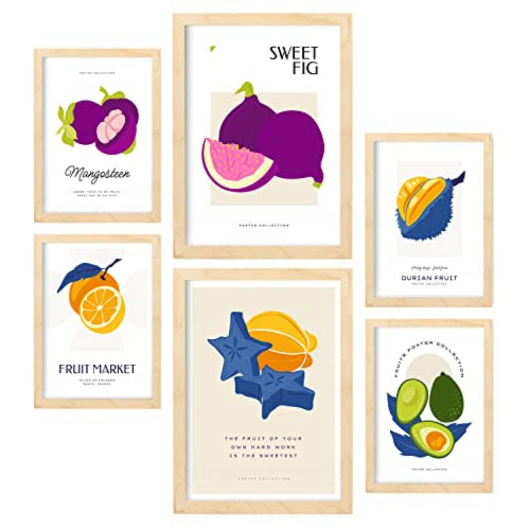 POSTER Set Mit 6 Lebensmittel Und Ernährungs Obst Collage Natur Und Ernährungs Für Innenarchitektur A3 & A4 Rahmen Aus Hellem Holz - Beige, Papier (29/3cm) - Nacnic