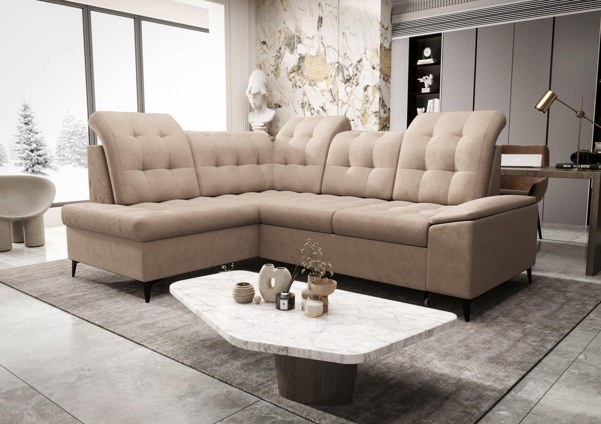 ECKSOFA KONGO RBN16, Eckcouch in L-Form mit Schlaffunktion, Farbe: Beige, Velourstoff, Ottomane Links - Beige, Textil (268/210cm) - O-Sofa