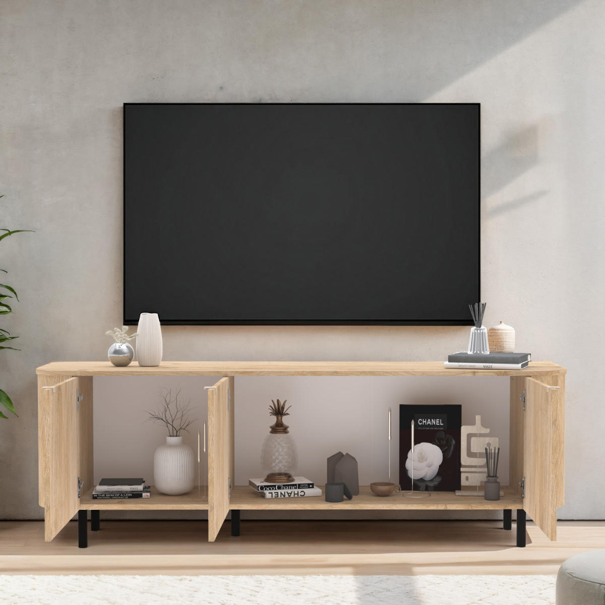 TV-MÖBEL mit 3 Türen abgerundeten Kanten Eichendekor 180,2/42/60,2 cm - Eschefarben, Holzwerkstoff (42/60.2/180.2cm) - Calicosy
