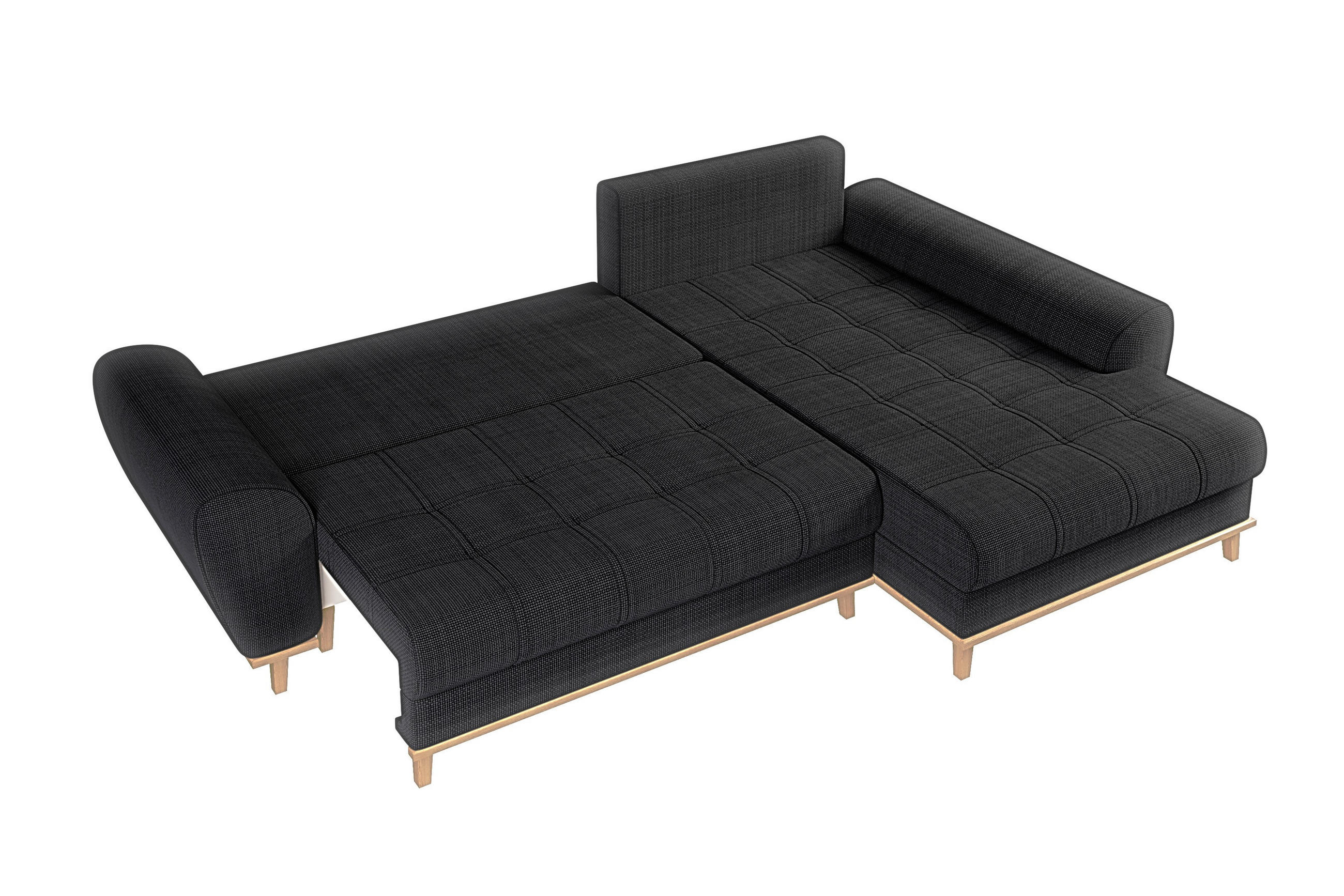 ECKSOFA im Scandi-Stil, Schlaffunktion, Bettkasten B268/T175/H86 cm, Ottomane rechts, Liegefl. 128x209 cm, Bouclé Chenille Stoff in Anthrazit / 21011 - Eichefarben/Anthrazit, Holz/Textil (268/175cm) - luma-home