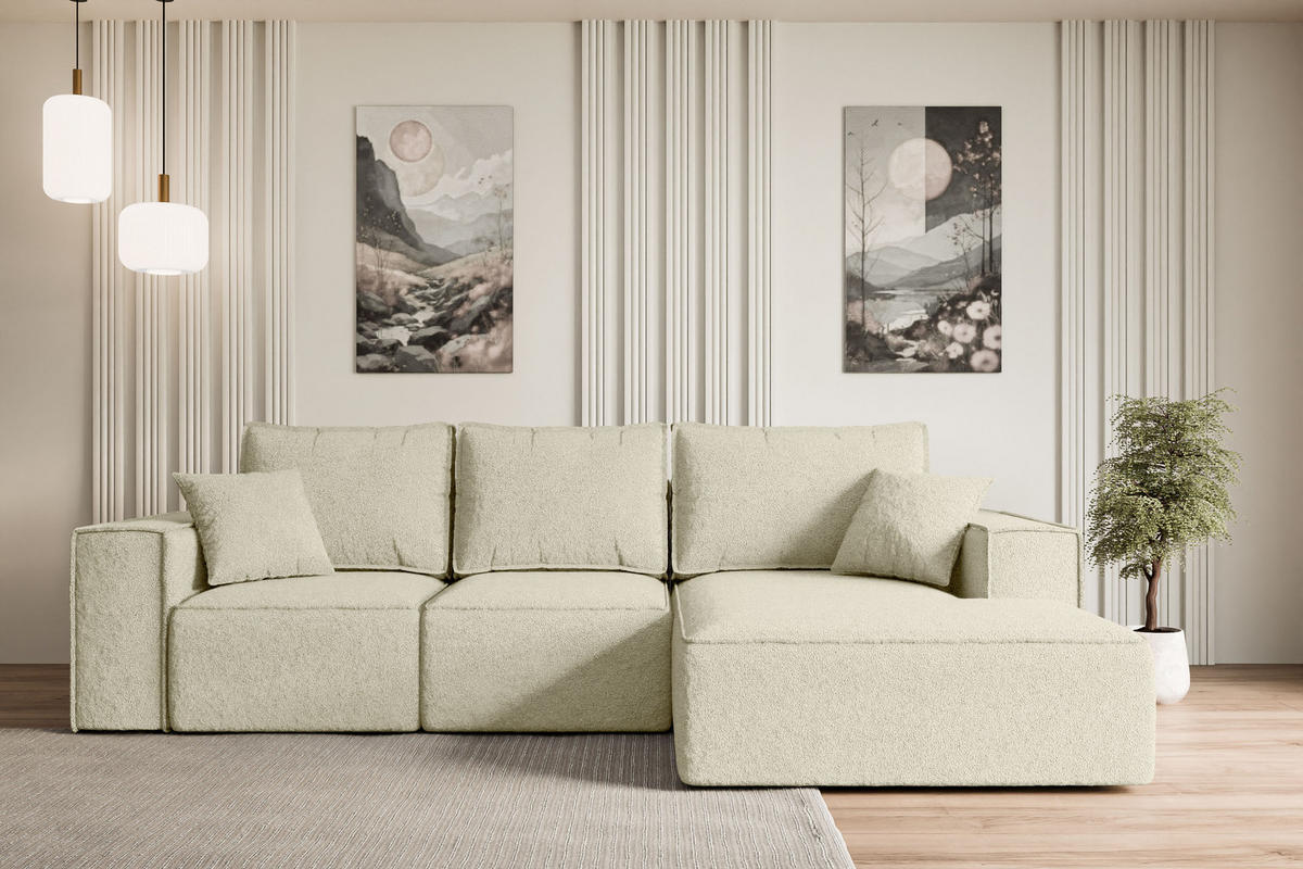 ECKSOFA mit Schlaffunktion und Bettkasten SERRA-L-S - 266x161x87 cm Beige Bouclé - Beige/Schwarz, Holzwerkstoff/Kunststoff (266/161cm) - ALTDECOR