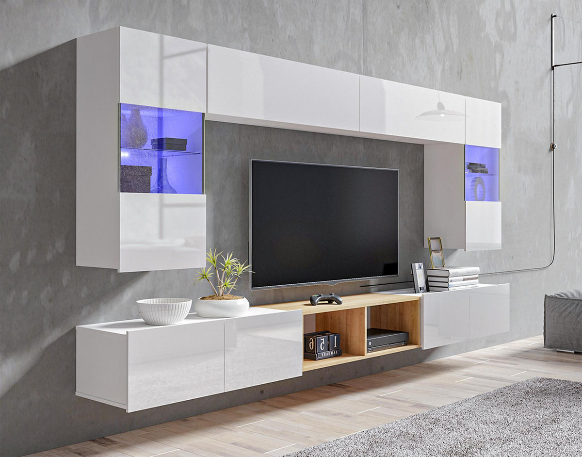 WOHNWAND Kossana 24 Modern Weiß/Goldene Eiche 300/154/43 cm Wohnzimmer Design - Weiß, Holzwerkstoff/Kunststoff (300/157/43cm) - AX Living