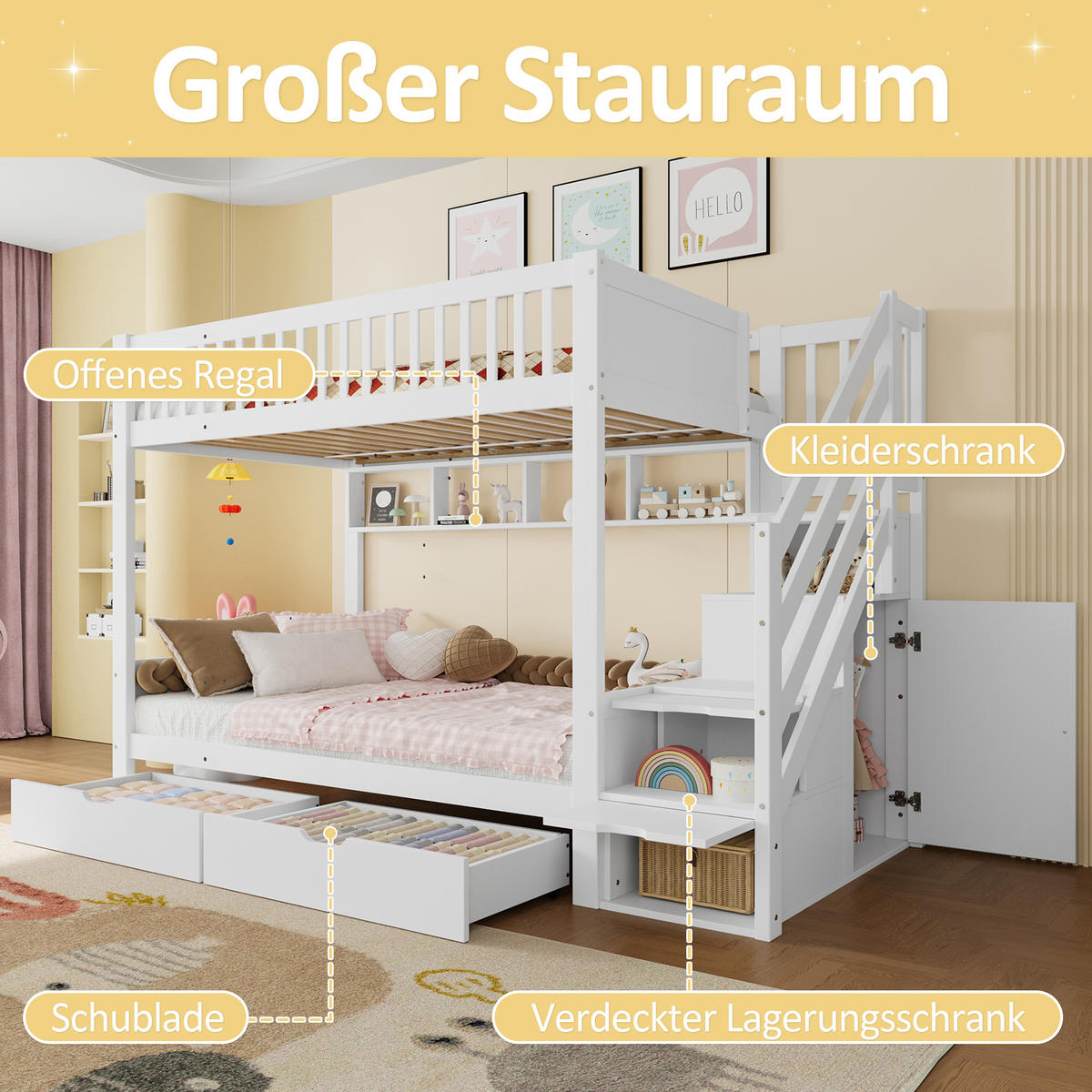 ETAGENBETT 90/200 cm in Weiß mit Schubladen, Regal, Kleiderschrank und Staufach - Weiß, Holz/Holzwerkstoff (90/200cm) - CHICFURN