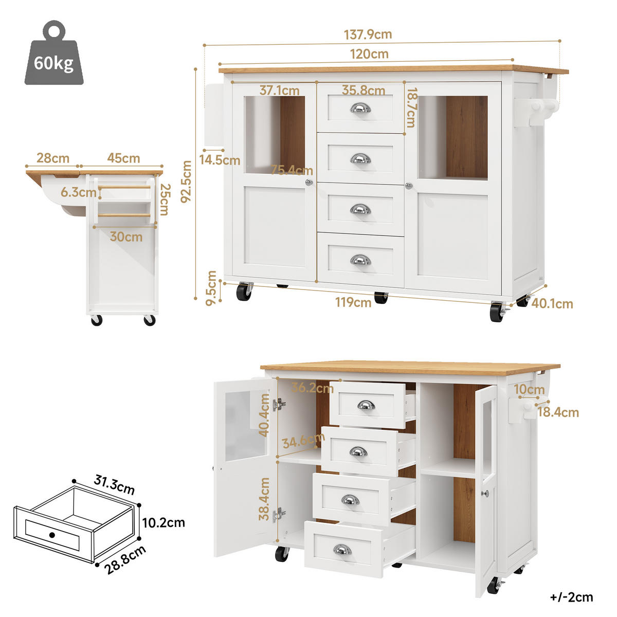 KÜCHENINSEL 137,9/73/92,5 cm weiß aus MDF und Metall mit Klapptisch - Weiß, Holzwerkstoff (137.9/92.5/73cm) - OKWISH