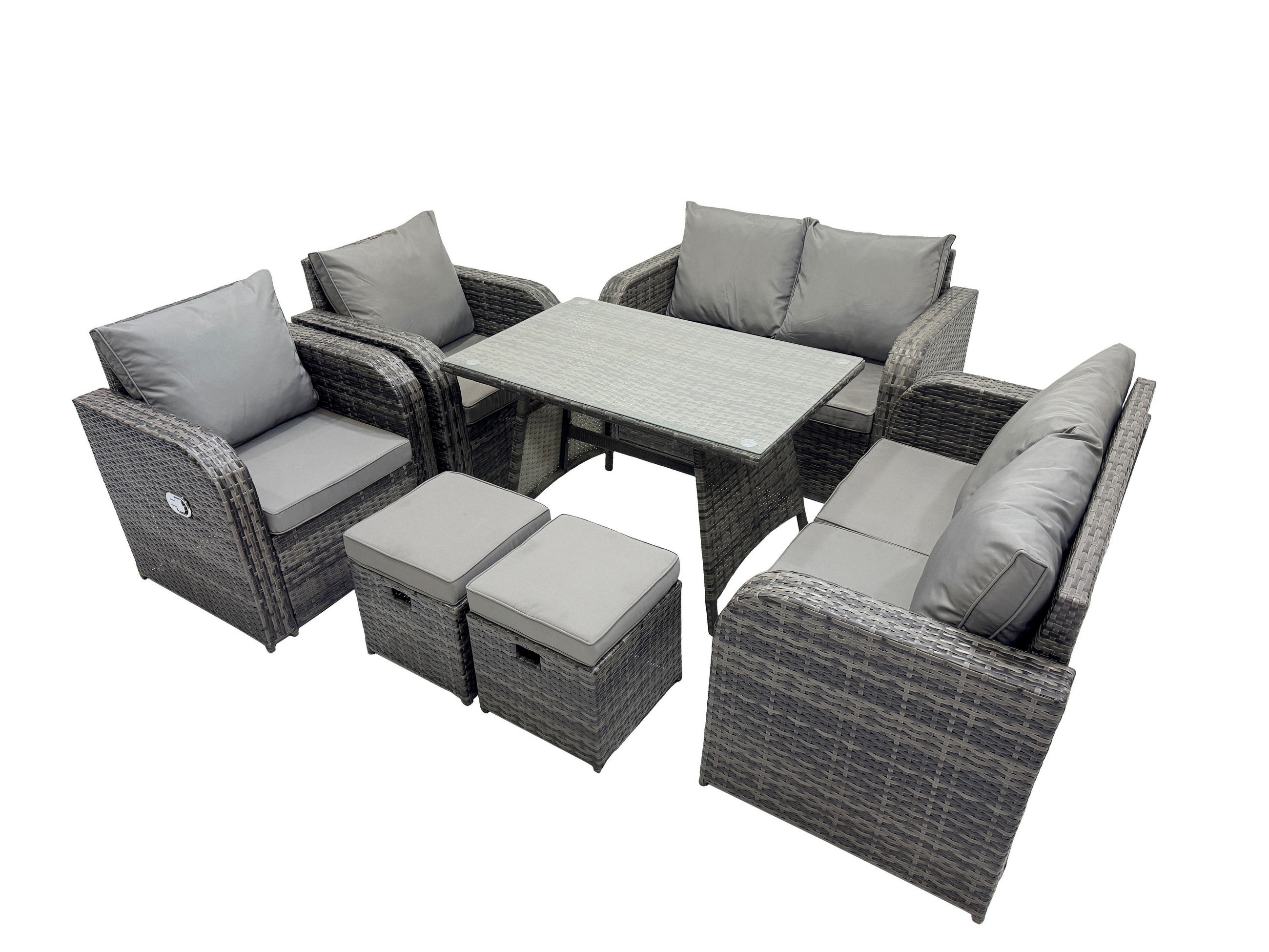 BALKONSET mit ESSTISCH SOFA Polyrattan Dunkelgrau 8-Sitzer - Dunkelgrau/Grau, Glas/Kunststoff - Fimous