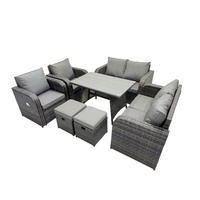 BALKONSET mit ESSTISCH SOFA Polyrattan Dunkelgrau 8-Sitzer - Dunkelgrau/Grau, Glas/Kunststoff - Fimous