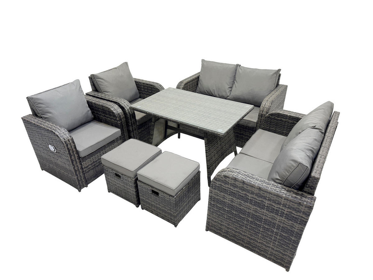 BALKONSET mit ESSTISCH SOFA Polyrattan Dunkelgrau 8-Sitzer - Dunkelgrau/Grau, Glas/Kunststoff - Fimous