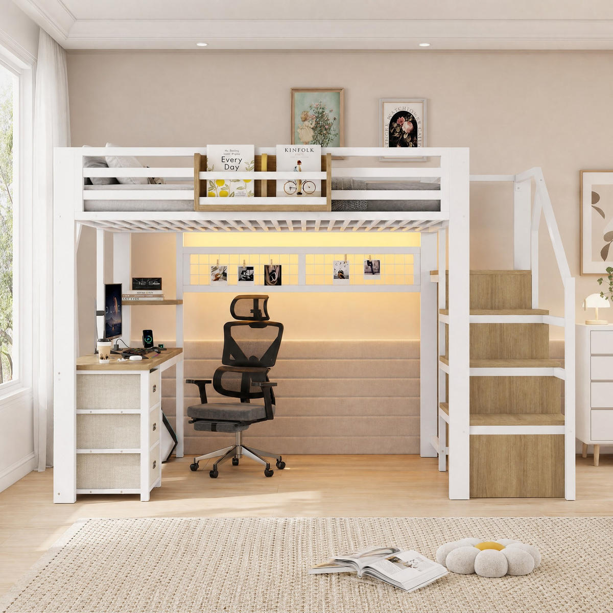 HOCHBETT 140/200 cm Weiß mit Treppenschrank und Schreibtisch - Weiß, Metall (140/200cm) - MIVRAY