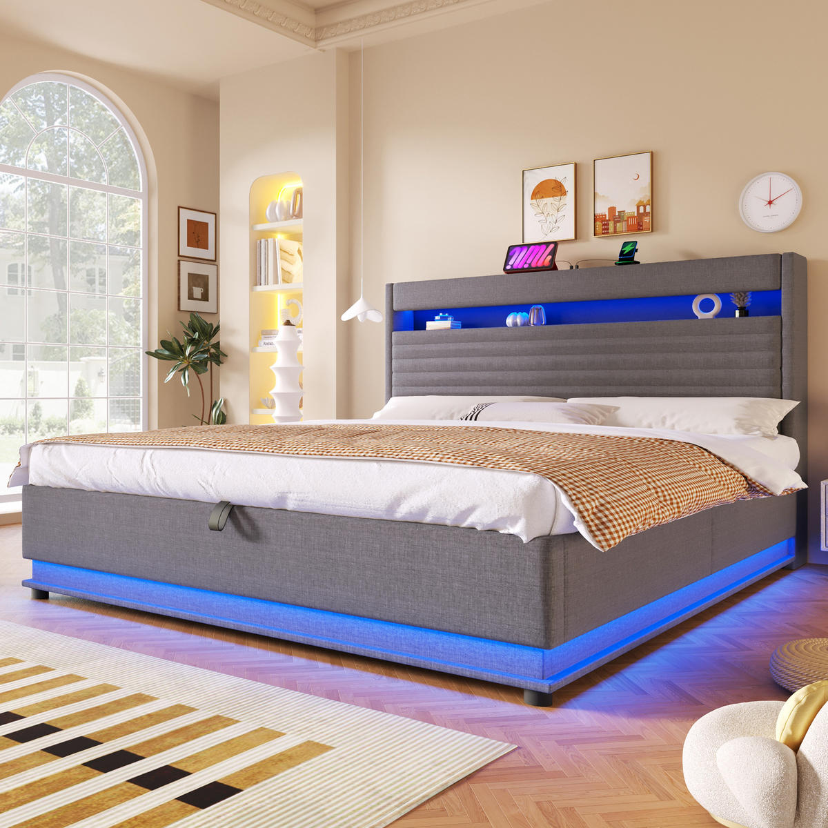 POLSTERBETT 180/200 cm in Grau Leinen mit LED und USB-Typ-C, Bettkasten - Grau, Holzwerkstoff/Textil (180/200cm) - WISHDOR