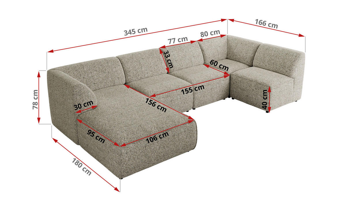 WOHNLANDSCHAFT MODARO U 5M - Beige Struktur - Links - Beige/Schwarz, Textil (180/78/345cm) - MKS