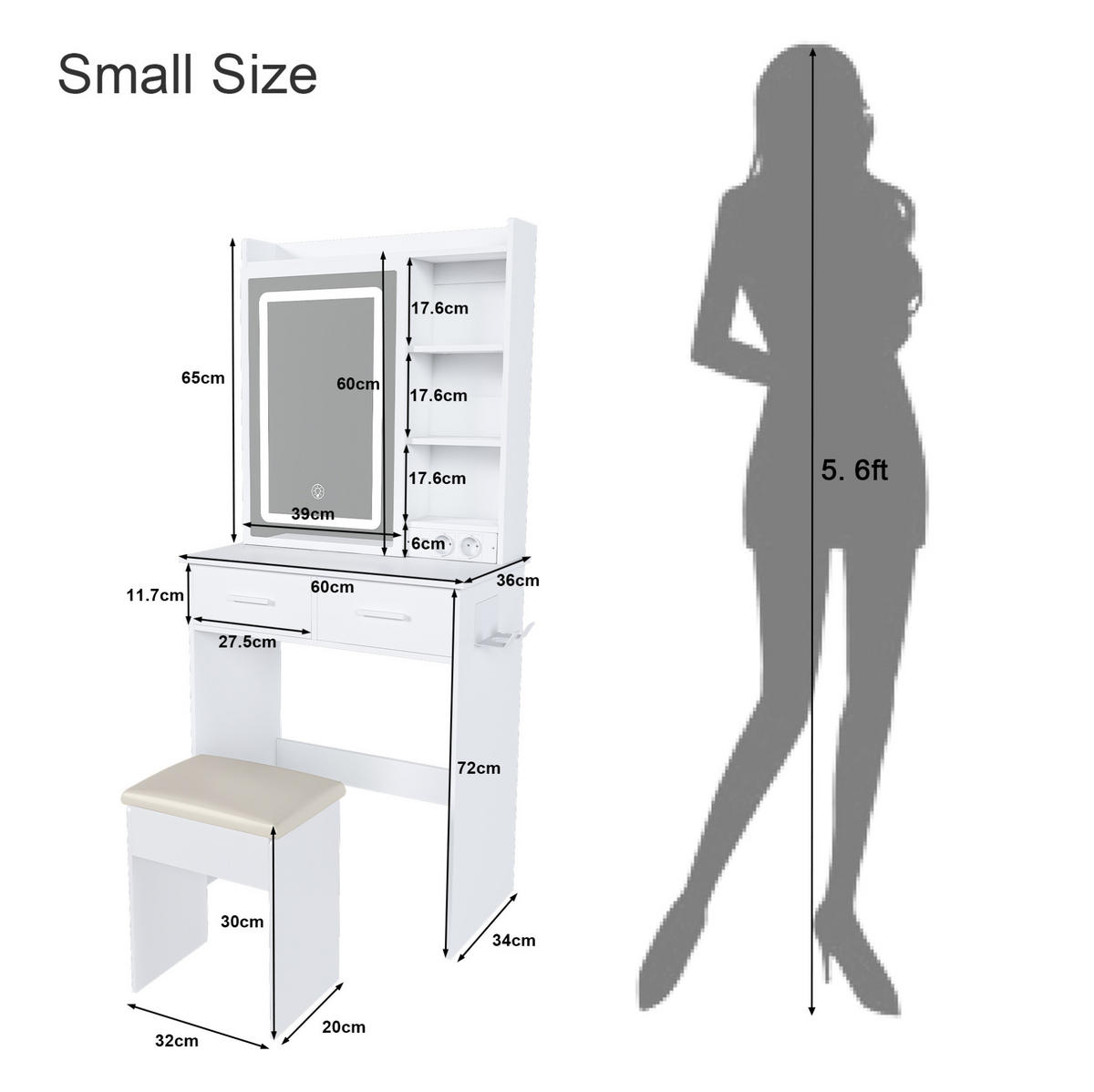 SCHMINKTISCH 60/36/136 cm in Weiß mit LED-Spiegel und gepolstertem Hocker - Weiß, Holzwerkstoff (36/136/60cm) - Flora Grace