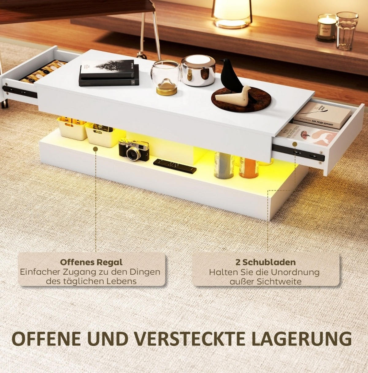 COUCHTISCH 120/50 cm mit Ablage, 2 Schubladen und LED-Beleuchtung in Weiß - Weiß, Holz (120/50/42cm) - BEAOK